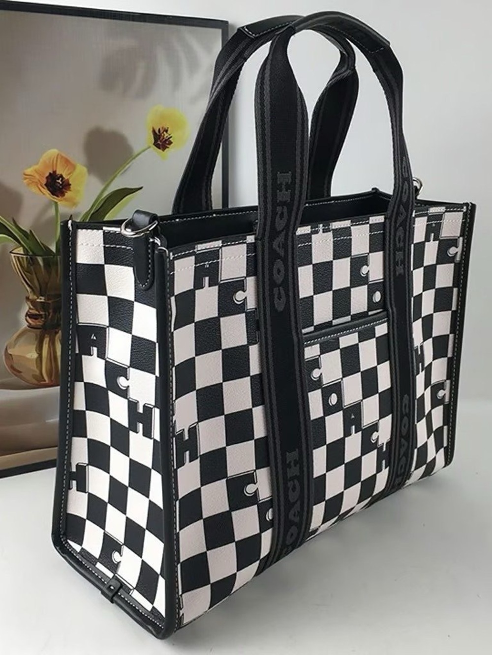 Coach Black & White Checkerboard Tote with Logo Straps - Picture 3 of 5